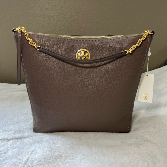 Tory Burch Carson Hobo Bag Silver Maple Pebbled Leather NWT Style 75421 - Picture 12 of 17